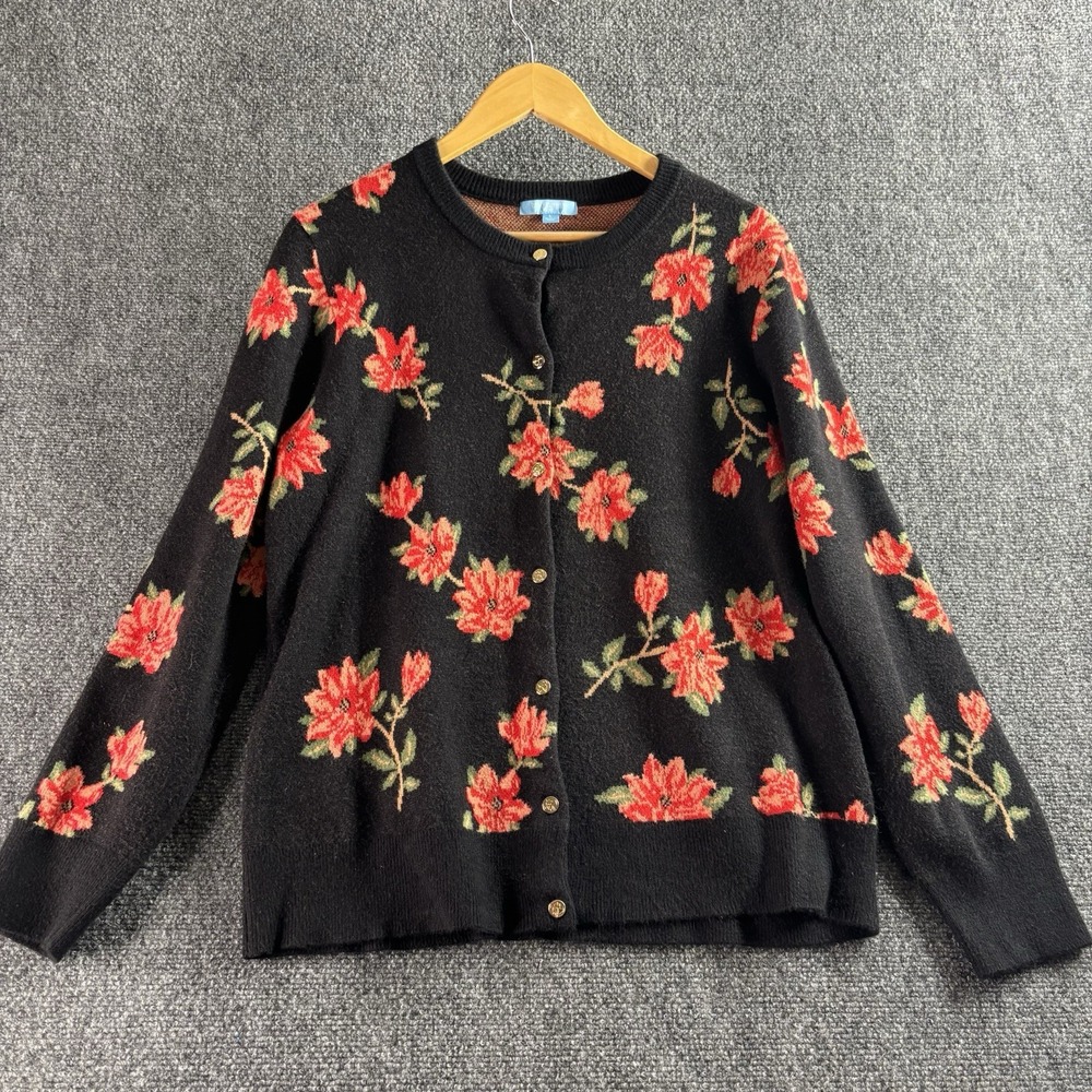 Draper James RSVP Women Black Floral Button Front Cardigan Sweater Size L